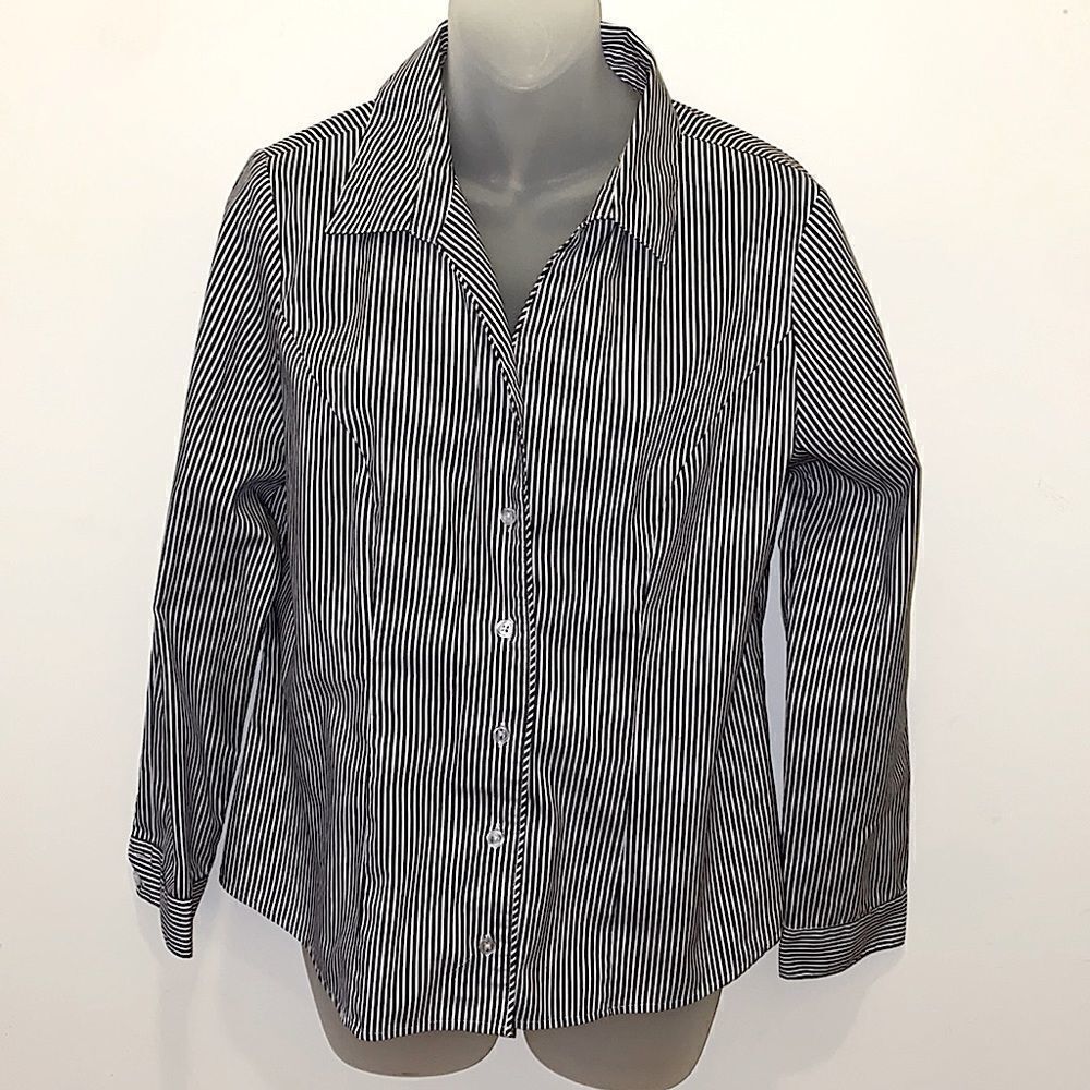Christopher & Banks Petite Black White Stripe Top Shirt Blouse Button PM medium
